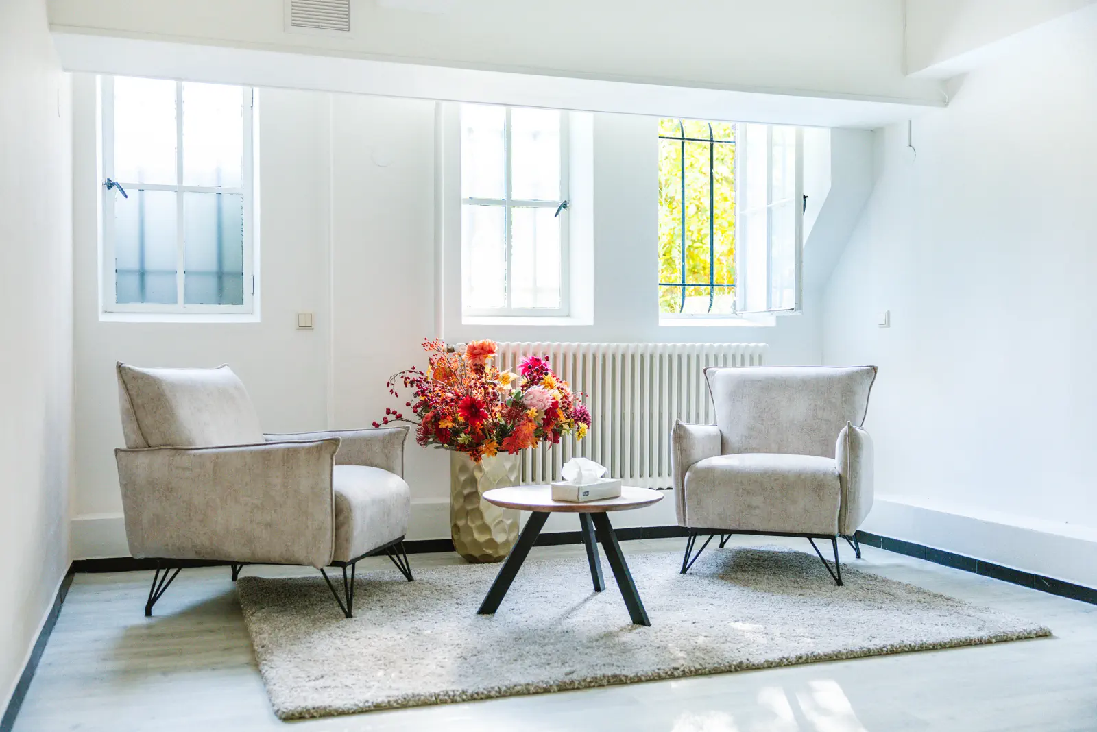 Zithoek met twee fauteuils bij het raam